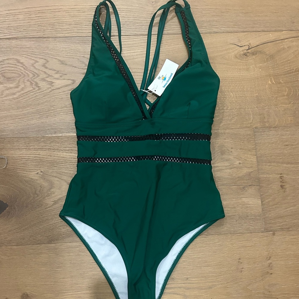 Amazon Women's Deep Green One-Piece Swimsuit with Black Trim
